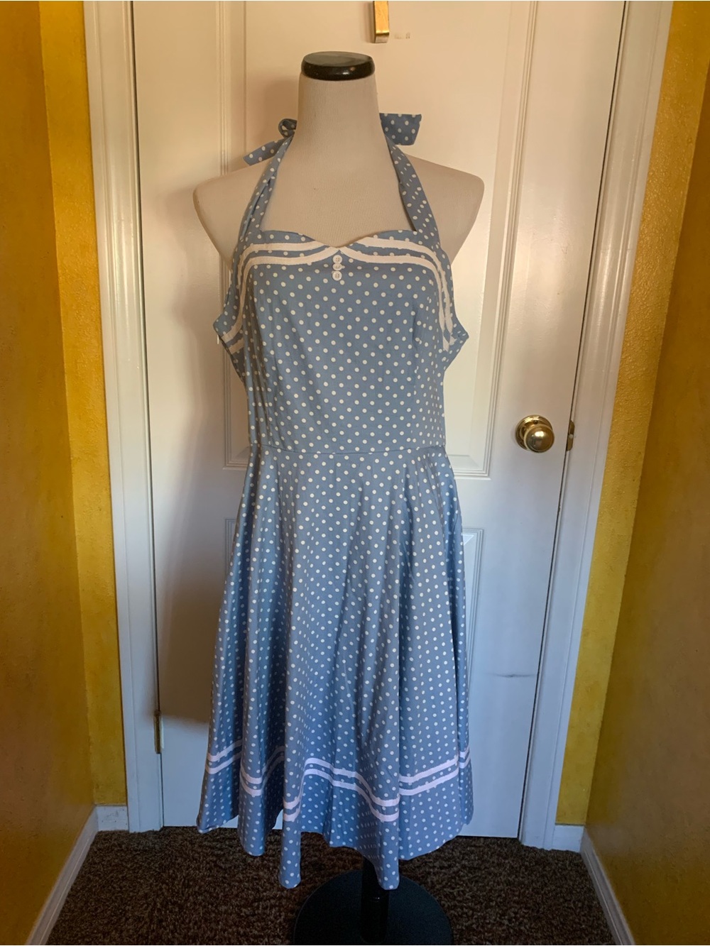 Blue Polka Dot Halter Swing Dress Wizard of Oz Dorothy 50’s Diner Costume